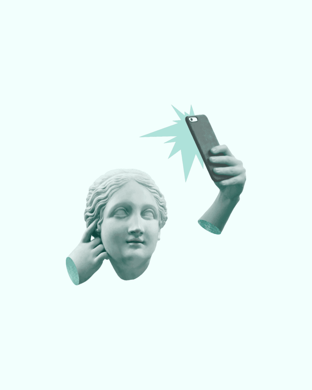 Classical statue head with detached hand holding a smartphone, taking a selfie. Minimalist design with a light blue background.